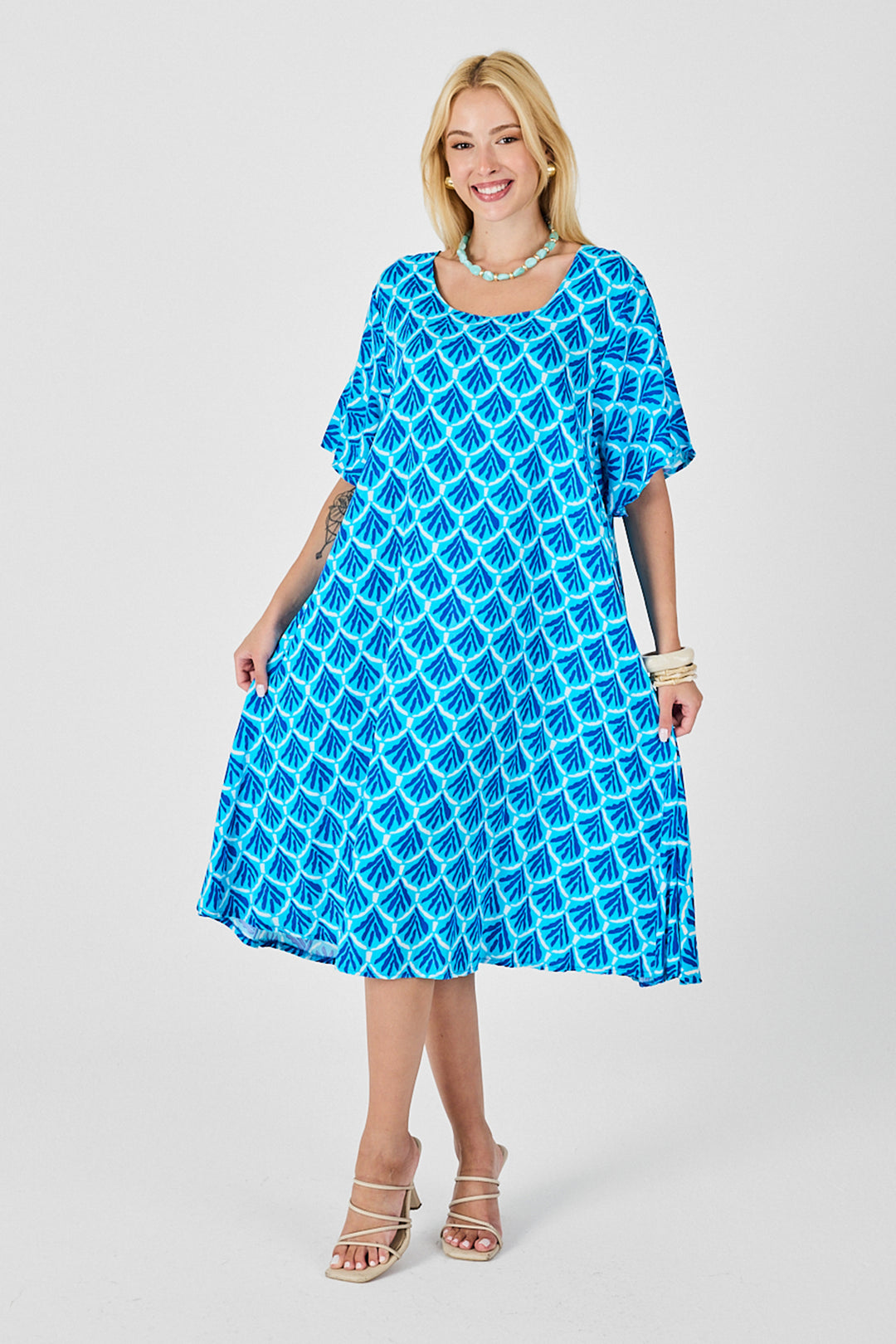 Baby Blue Round Neck Short Sleeve Midi Length Patterned Dress BCVL-254010 - Yalta