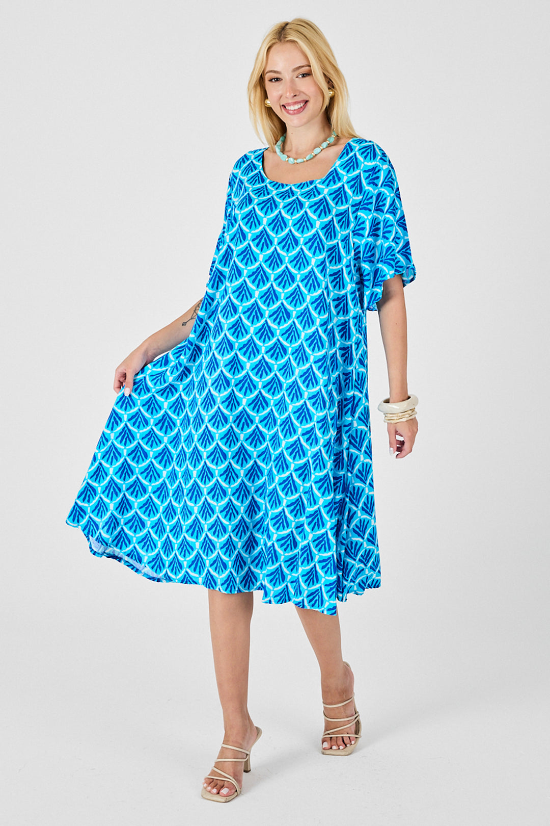 Baby Blue Round Neck Short Sleeve Midi Length Patterned Dress BCVL-254010 - Yalta