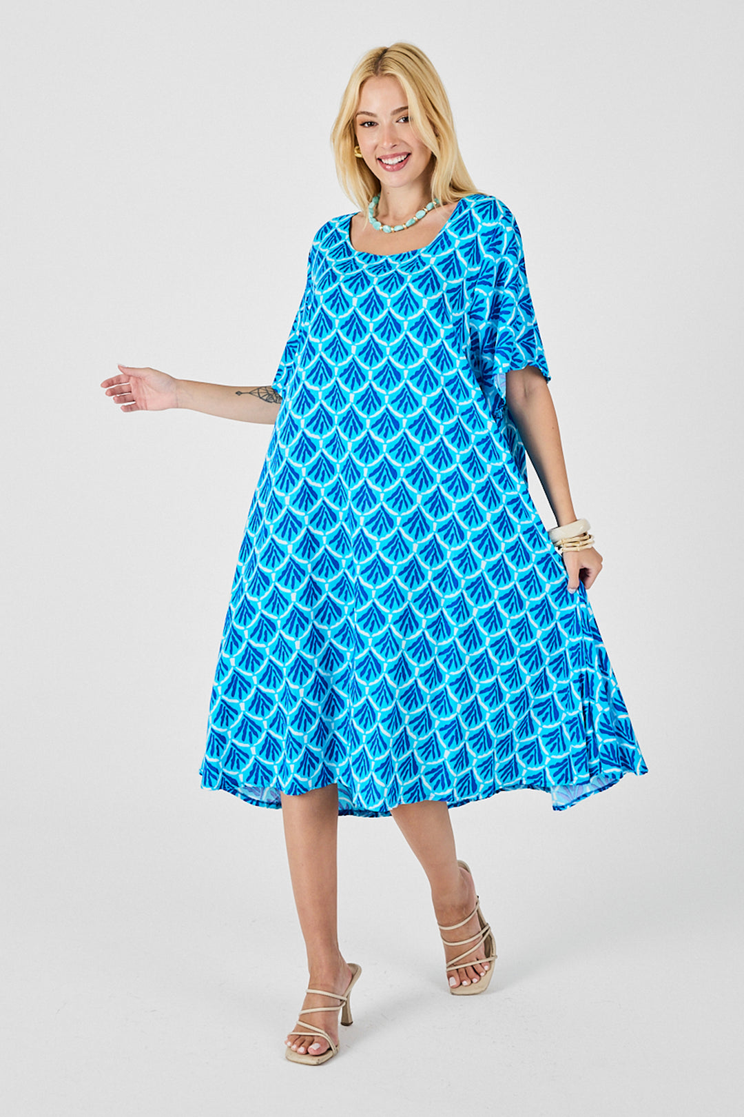 Baby Blue Round Neck Short Sleeve Midi Length Patterned Dress BCVL-254010 - Yalta