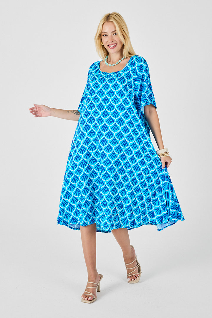 Baby Blue Round Neck Short Sleeve Midi Length Patterned Dress BCVL-254010 - Yalta
