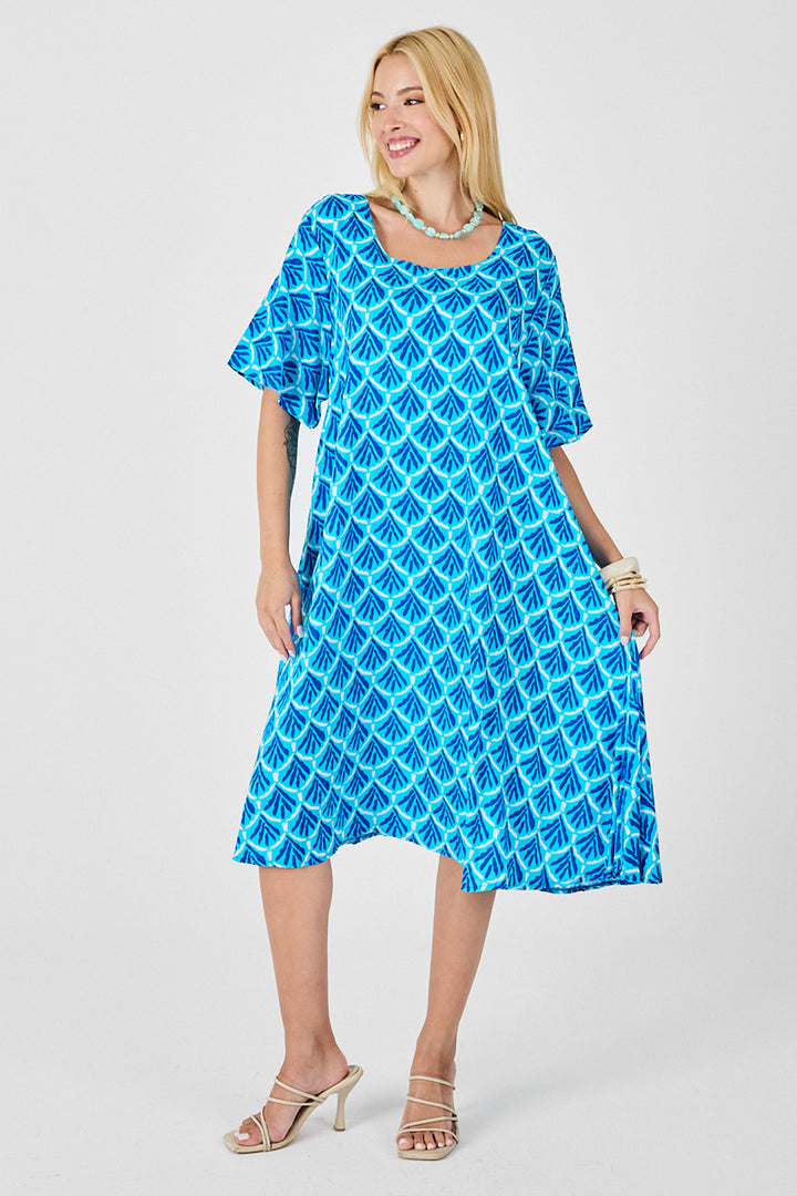 Baby Blue Round Neck Short Sleeve Midi Length Patterned Dress BCVL-254010 - Yalta