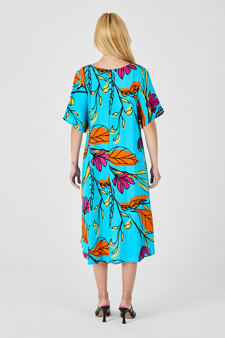 Baby Blue Leaf Pattern U Neck Short Sleeve Midi Dress BCVL-254011 - Winter Springs