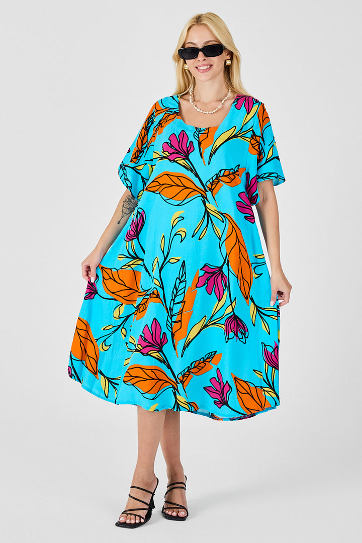 Baby Blue Leaf Pattern U Neck Short Sleeve Midi Dress BCVL-254011 - Winter Springs