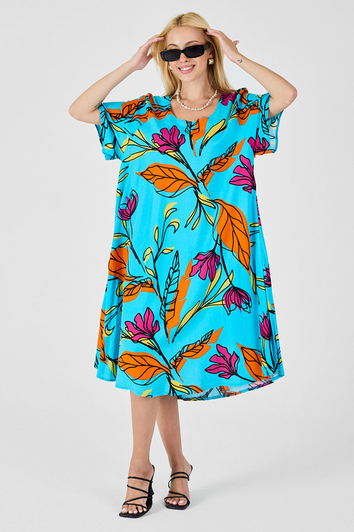 Baby Blue Leaf Pattern U Neck Short Sleeve Midi Dress BCVL-254011 - Winter Springs