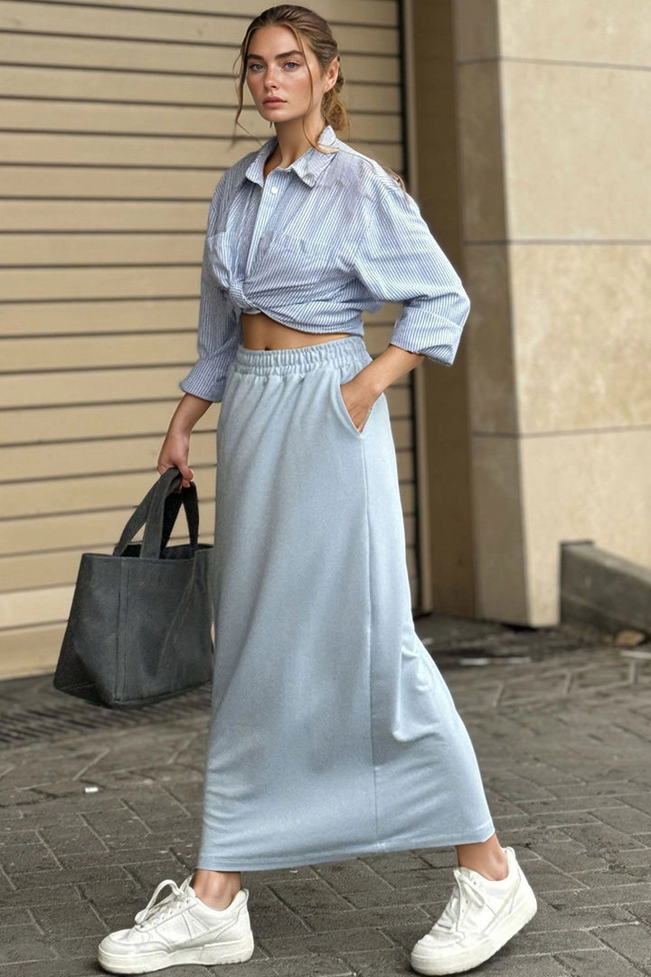 Baby Blue High Waist Belted Long Skirt BCBSK-25700-3503 - Caguas
