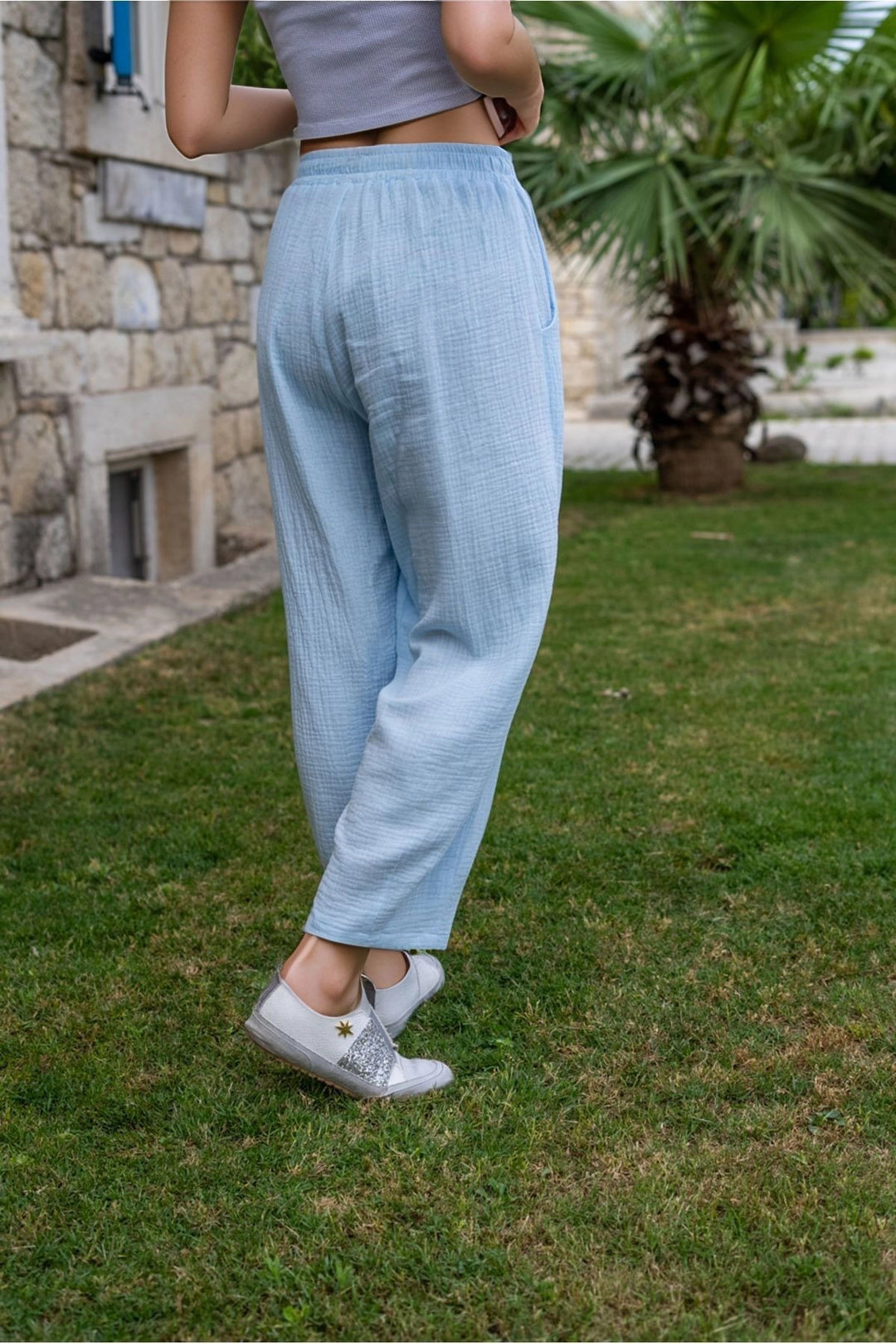 Baby Blue Muslin Elastic Waist Loose Fit Pants BCBSK-25700-3416 - Beaumont