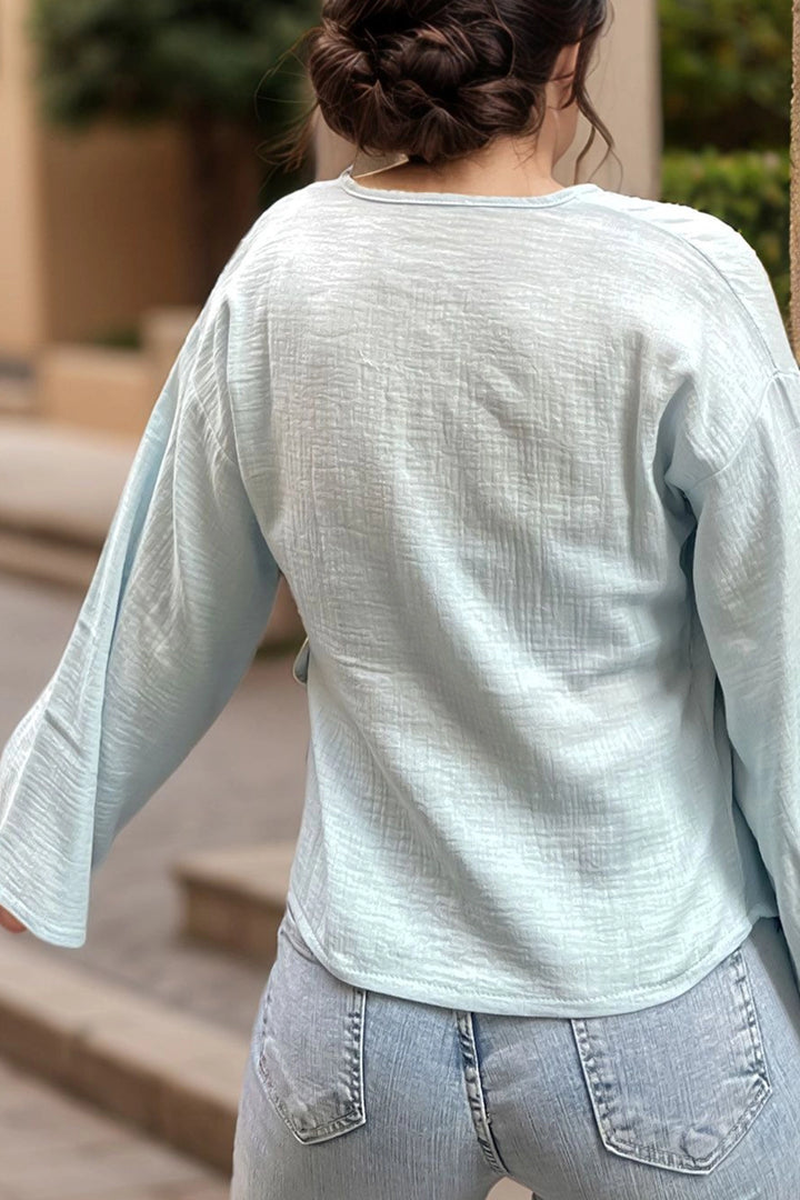 Baby Blue Muslin Wrap Loose Blouse BCBSK-25700-3610 - Pinsk