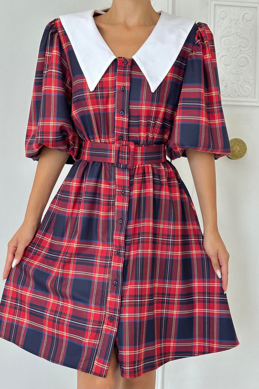 ELS Baby Collar Plaid Dress - Red - Cisterna di Latina