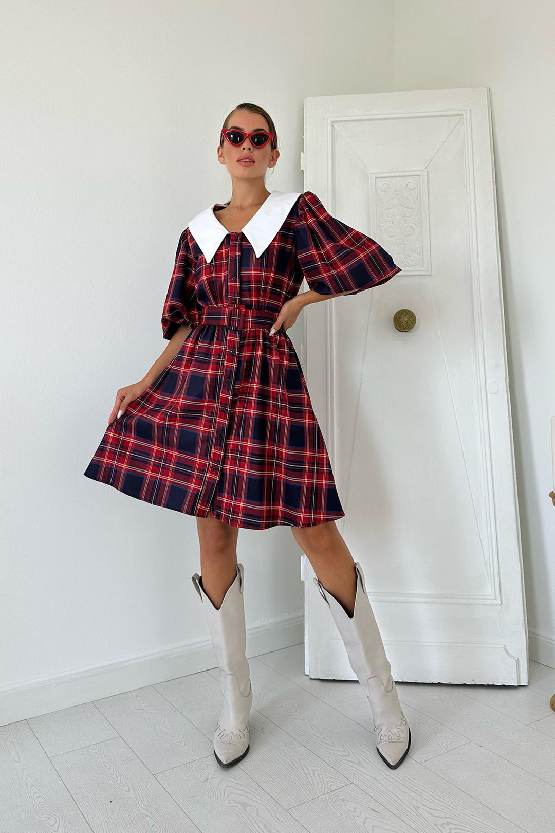 ELS Baby Collar Plaid Dress - Red - Cisterna di Latina