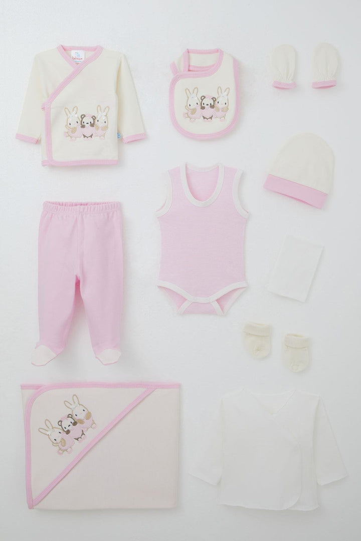 BRE Baby Girl (Breeze) Newborn Hospital Outfit 10-Piece Cute Animal Embroidered Bow 0-3 Months, Ecru - Matera