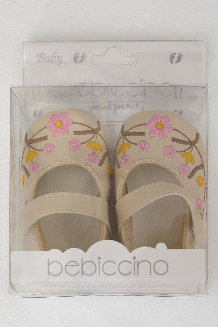 BRE Bebiccino Baby Girl Booties with Flower Embroidery Size 189, Beige - Lelystad