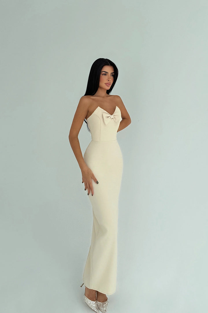 EYY Women Beige Bow Detail Strapless Dress - North Richland Hills