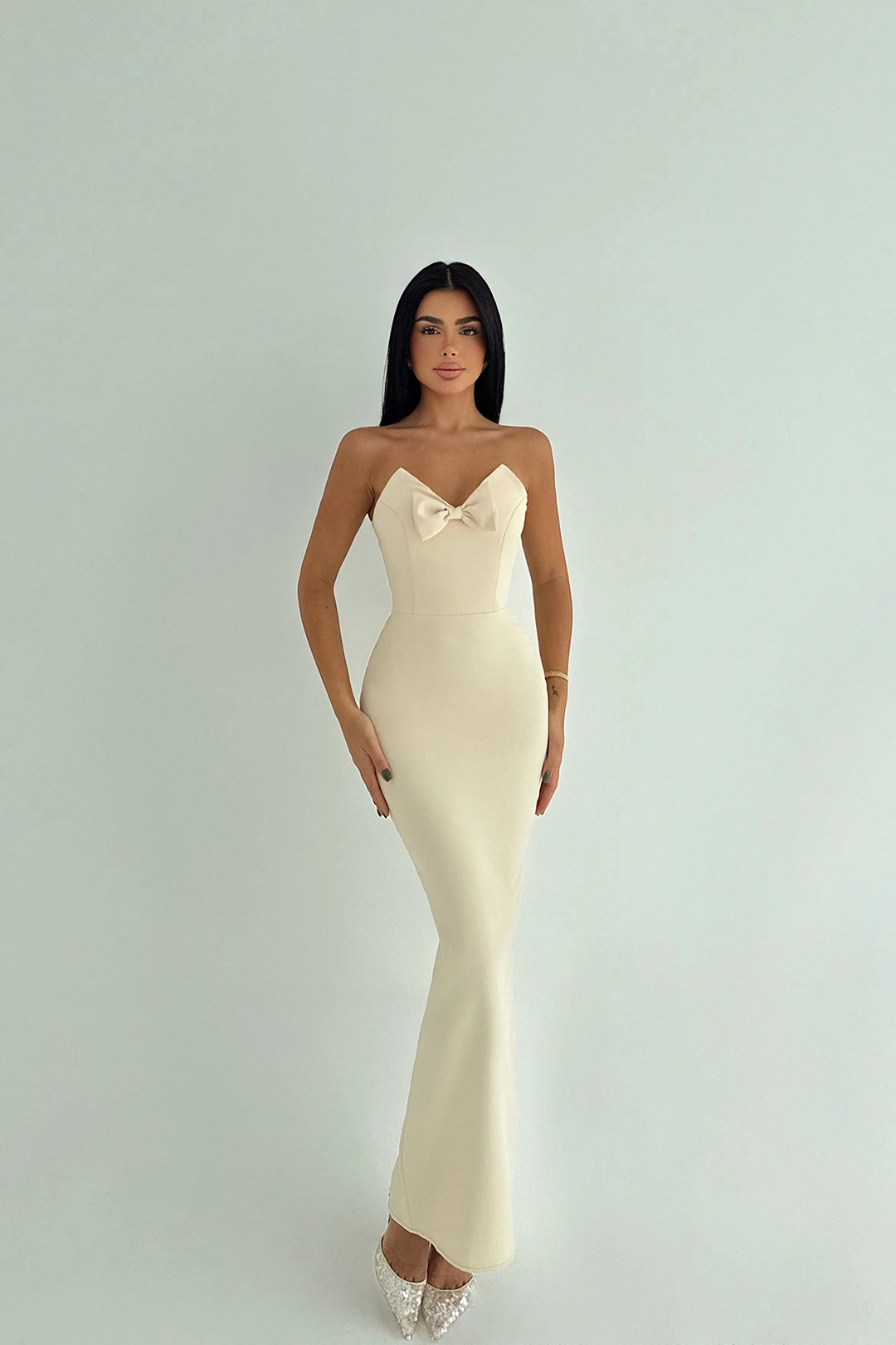 EYY Women Beige Bow Detail Strapless Dress - North Richland Hills