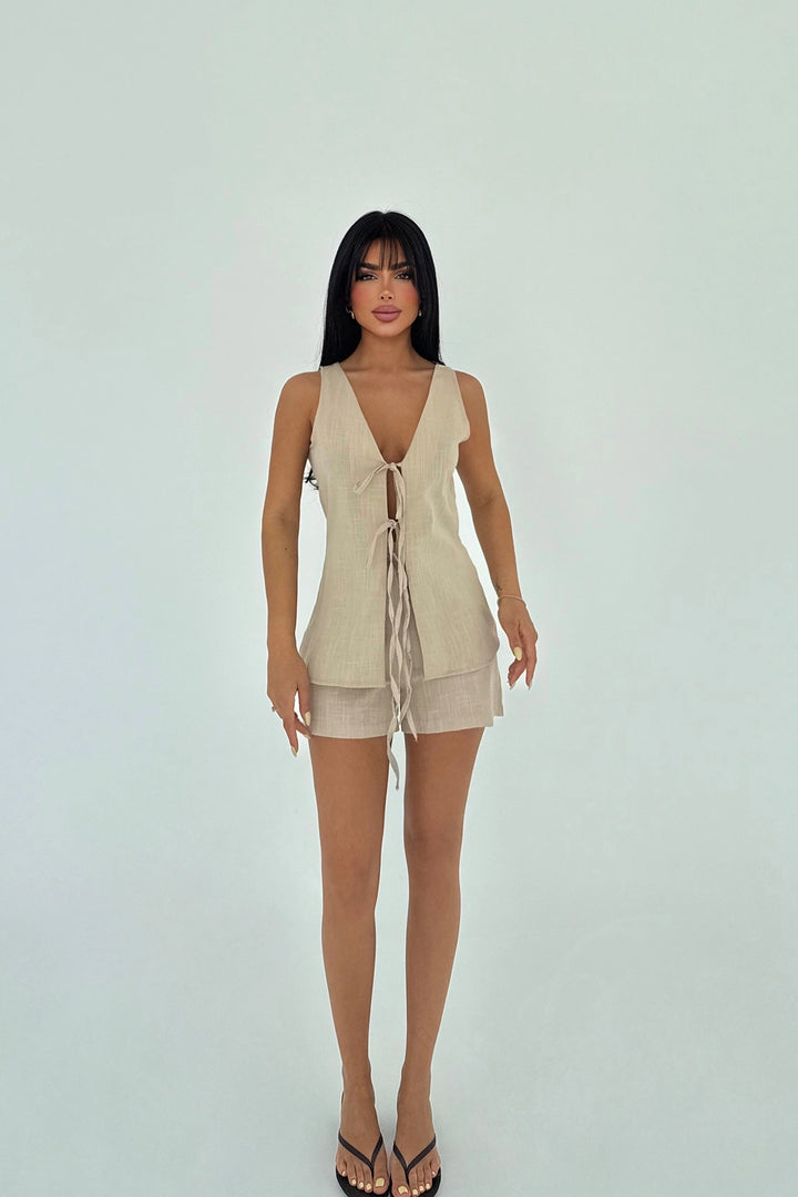 EYY Women Beige Luiza Mini Linen Tie Set - Pembroke Pines
