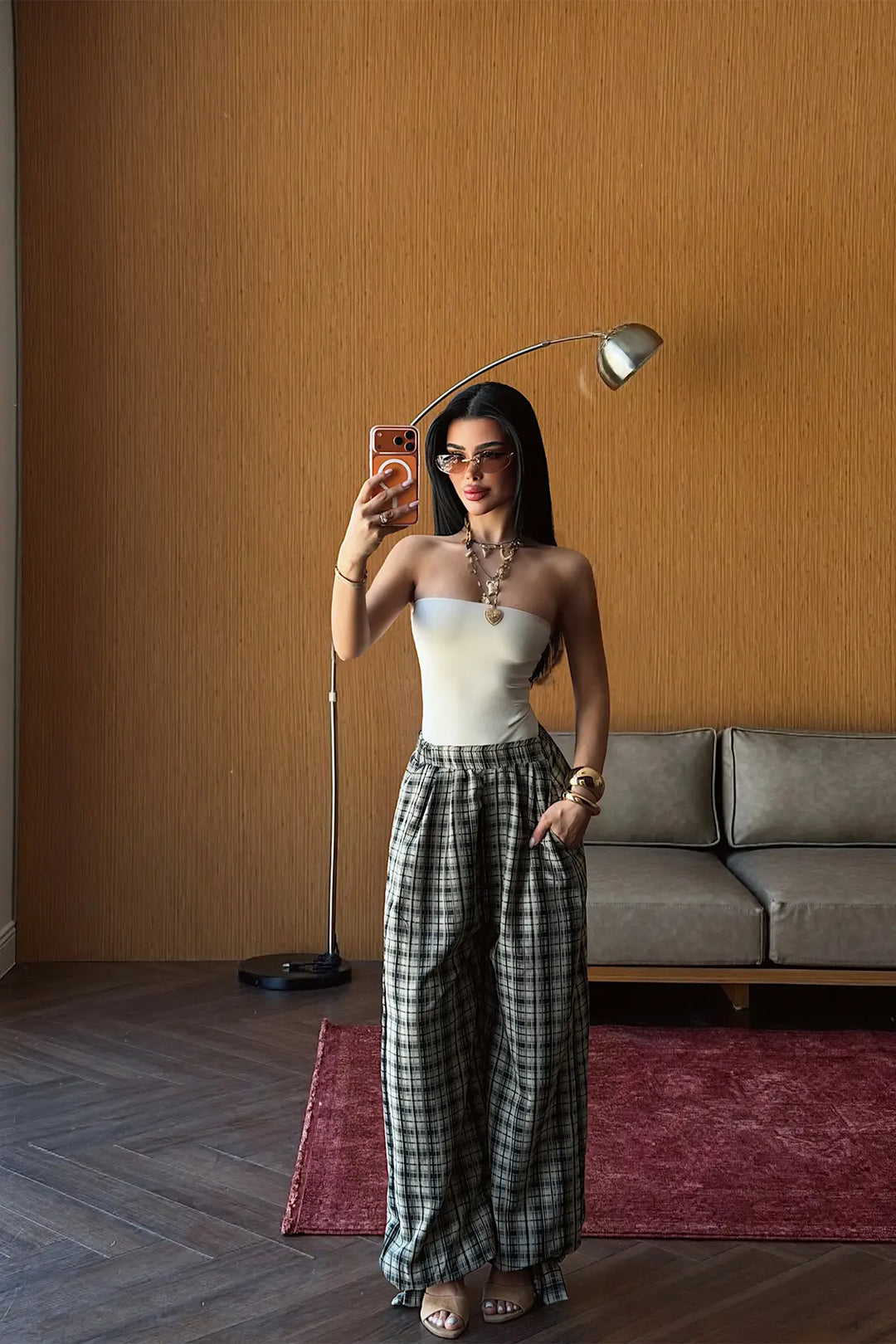 EYY Women Beige Plaid Trousers - Spruce Grove
