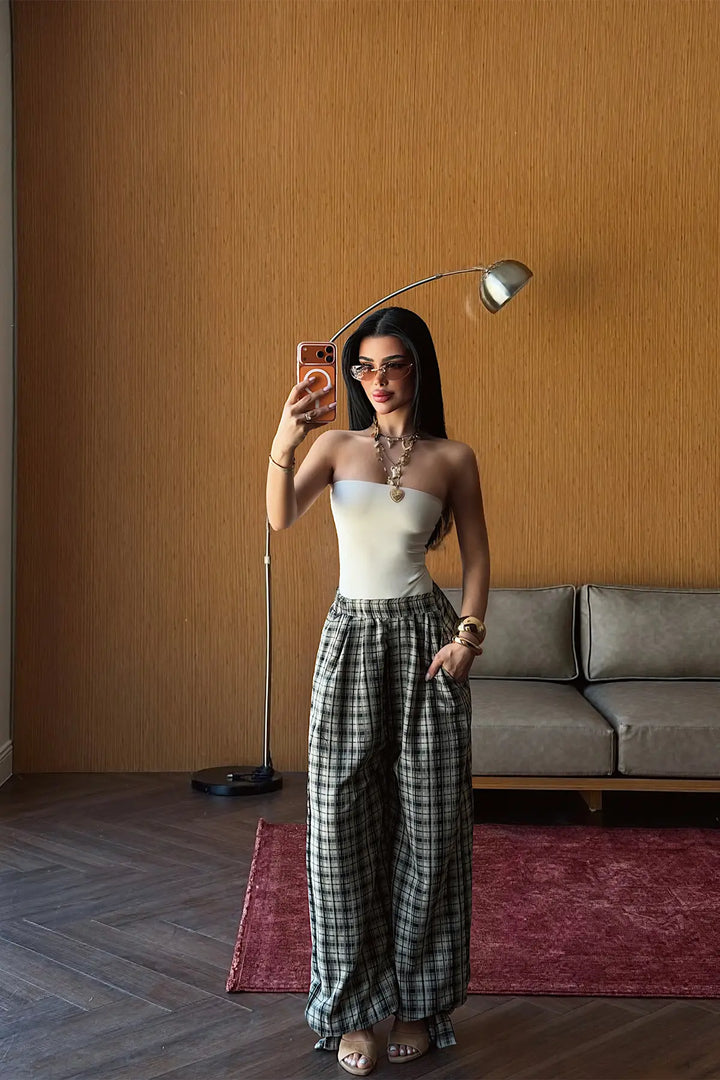 EYY Women Beige Plaid Trousers - Spruce Grove