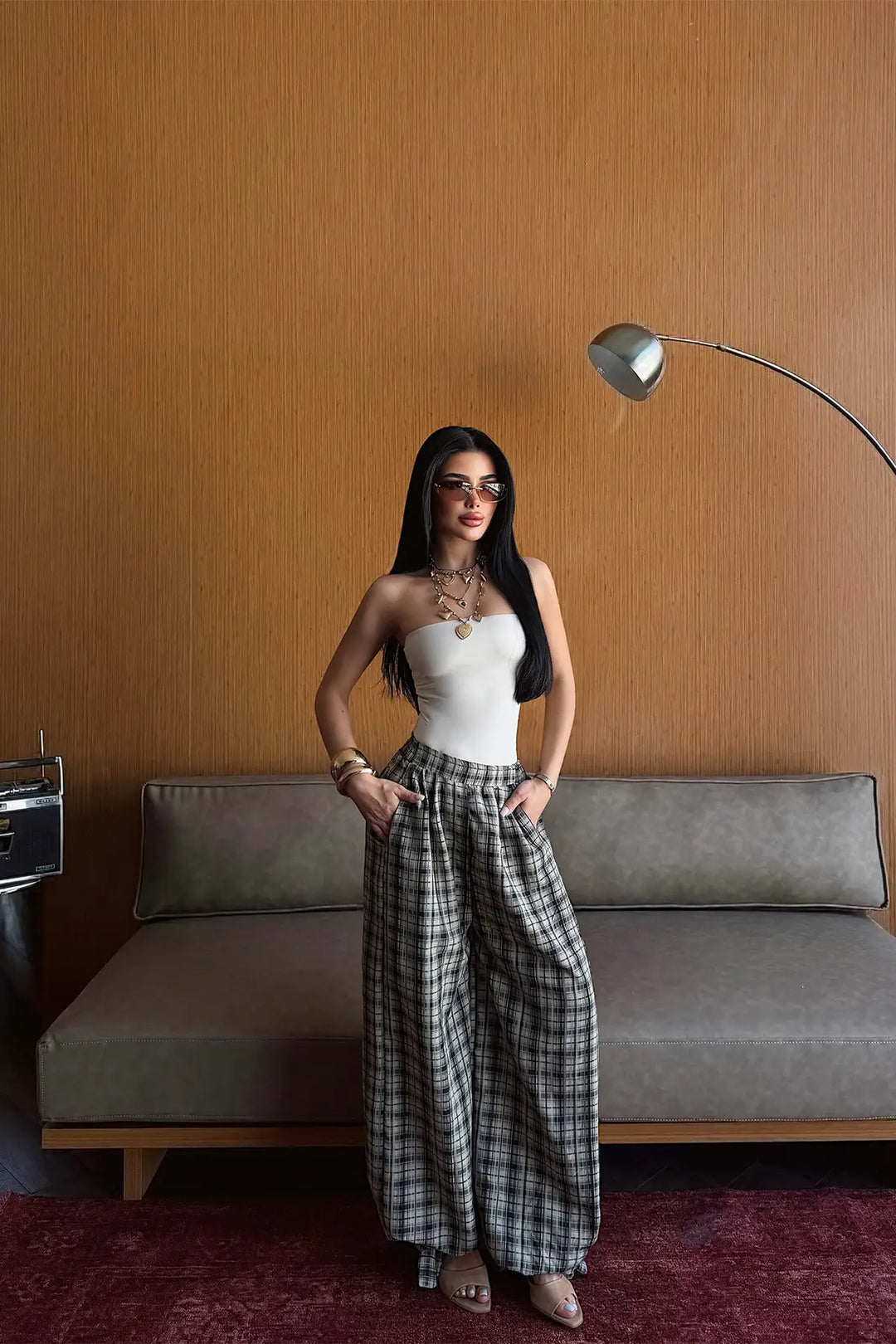 EYY Women Beige Plaid Trousers - Spruce Grove