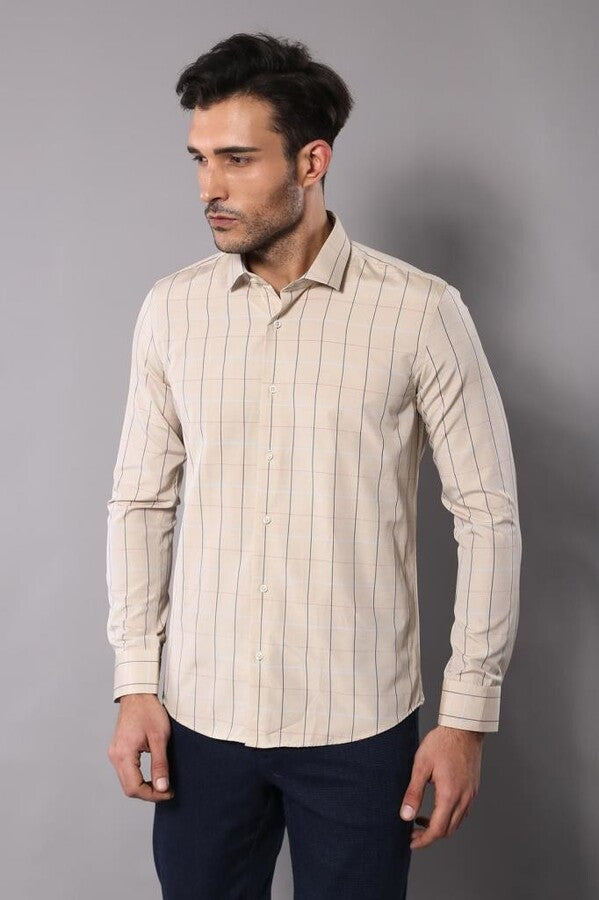 WSS Beige Slim Fit Plaid Men's Shirt  - Mieres