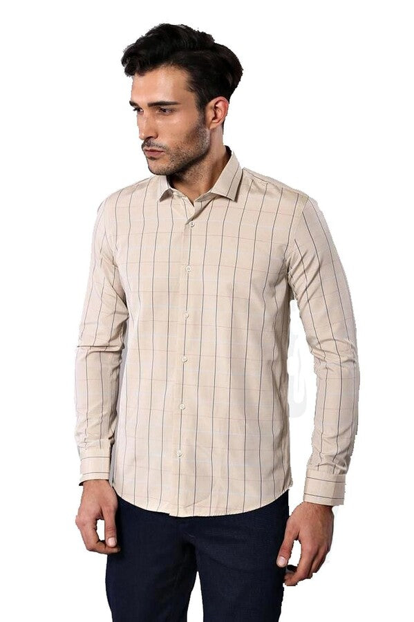 WSS Beige Slim Fit Plaid Men's Shirt  - Mieres