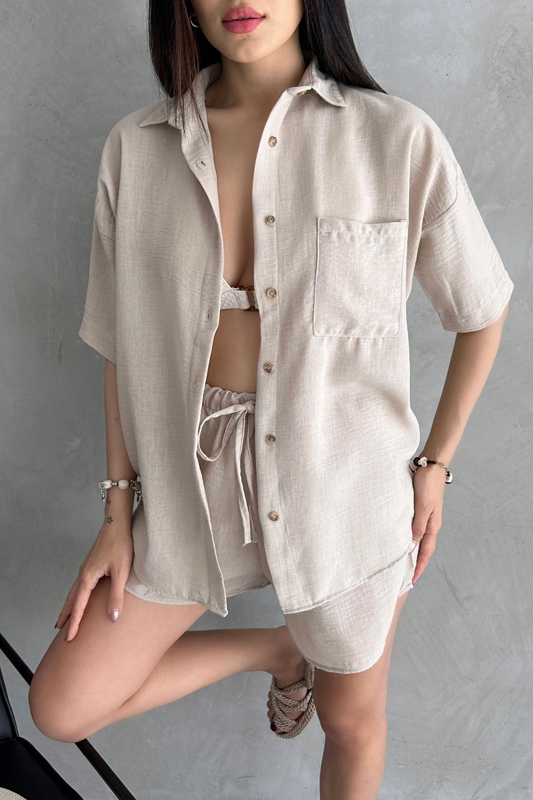 Beige Aerobin Chain Short Sleeve T-shirt and Shorts Set BCDF-253608 - Majadahonda