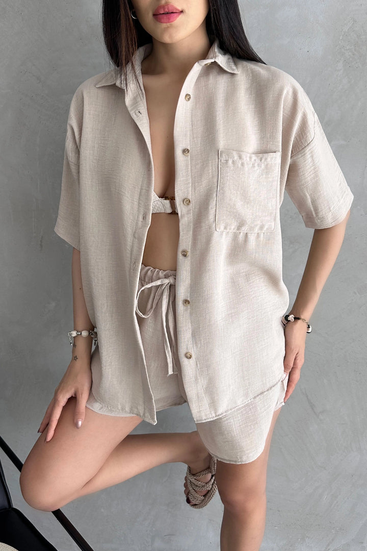 Beige Aerobin Chain Short Sleeve T-shirt and Shorts Set BCDF-253608 - Majadahonda