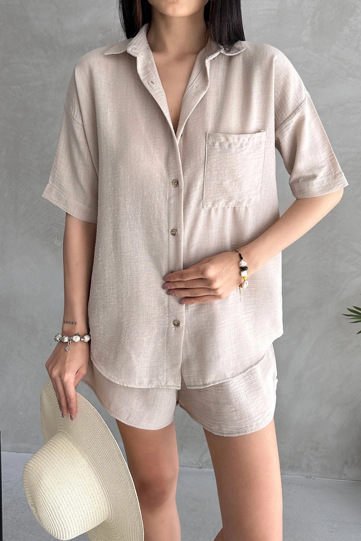 Beige Aerobin Chain Short Sleeve T-shirt and Shorts Set BCDF-253608 - Majadahonda