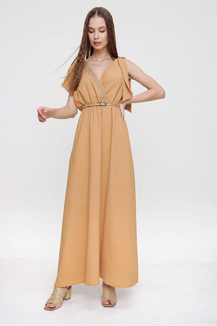 Beige Airy Shoulder Padded Straw Detailed Waist Gathered Long Dress BCBSK-25700-3127 - Penafiel