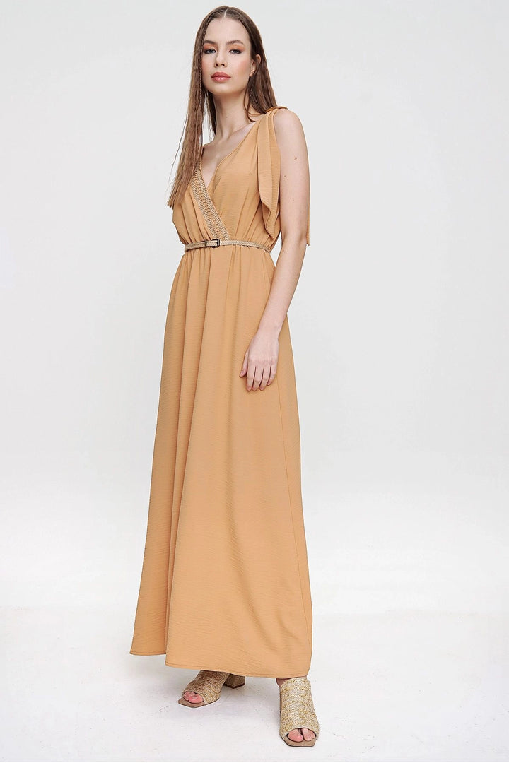 Beige Airy Shoulder Padded Straw Detailed Waist Gathered Long Dress BCBSK-25700-3127 - Penafiel