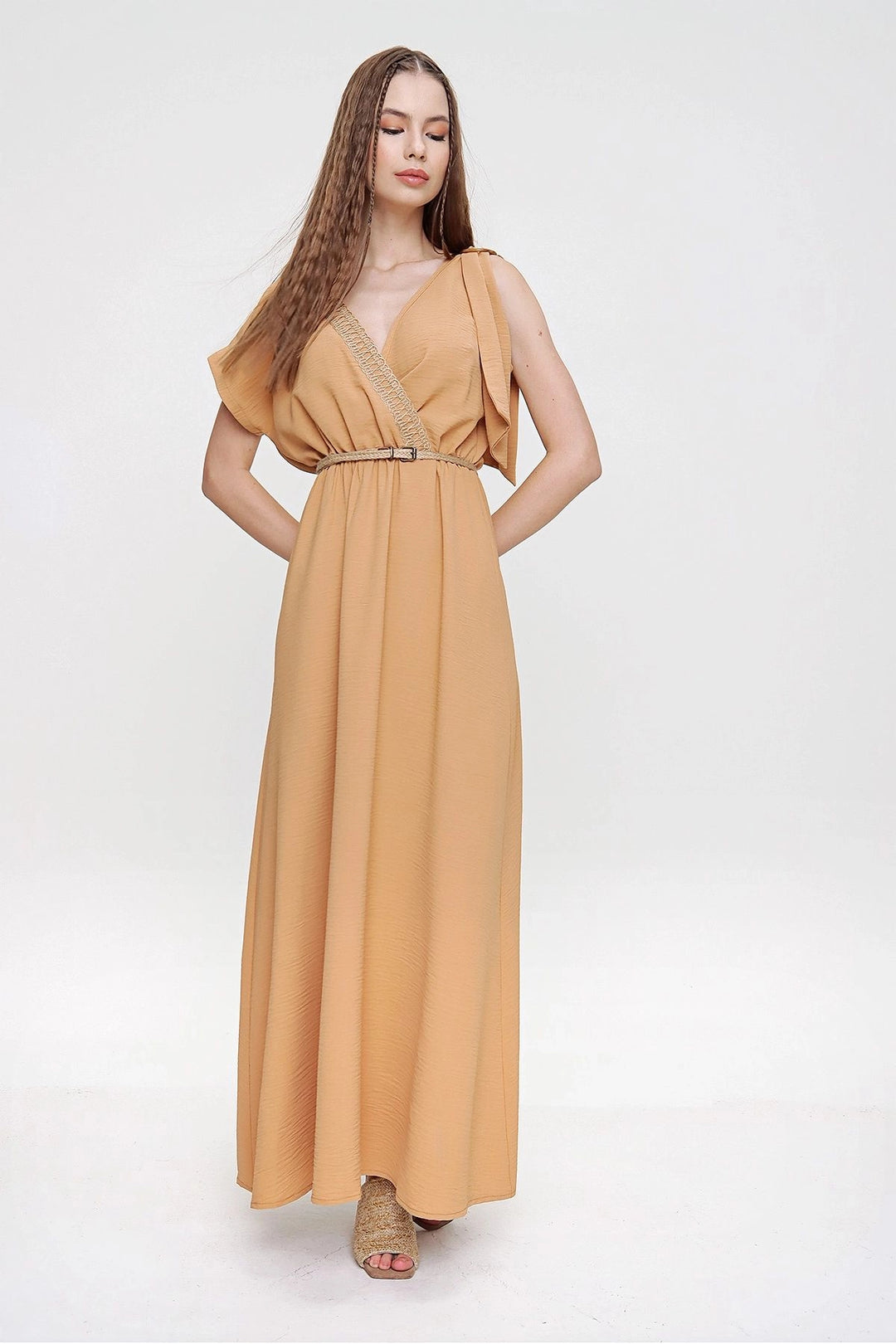 Beige Airy Shoulder Padded Straw Detailed Waist Gathered Long Dress BCBSK-25700-3127 - Penafiel