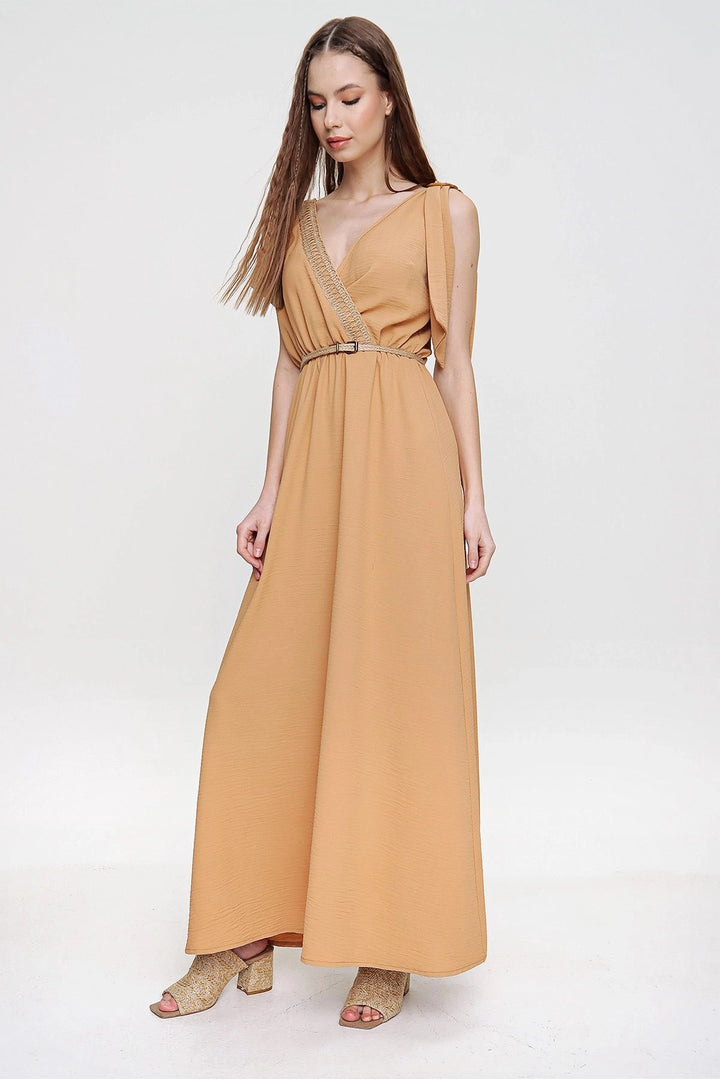 Beige Airy Shoulder Padded Straw Detailed Waist Gathered Long Dress BCBSK-25700-3127 - Penafiel