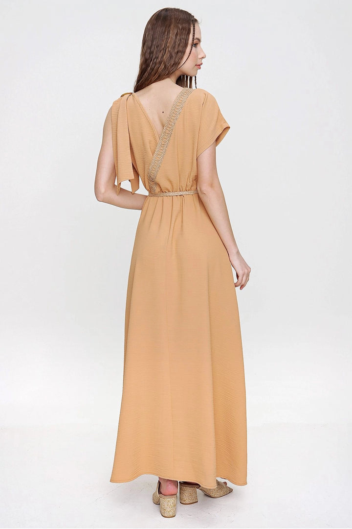 Beige Airy Shoulder Padded Straw Detailed Waist Gathered Long Dress BCBSK-25700-3127 - Penafiel