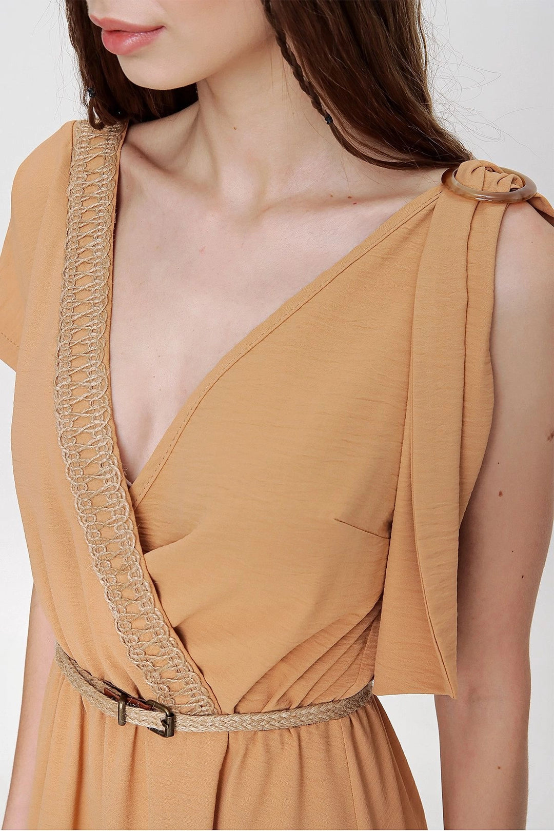 Beige Airy Shoulder Padded Straw Detailed Waist Gathered Long Dress BCBSK-25700-3127 - Penafiel