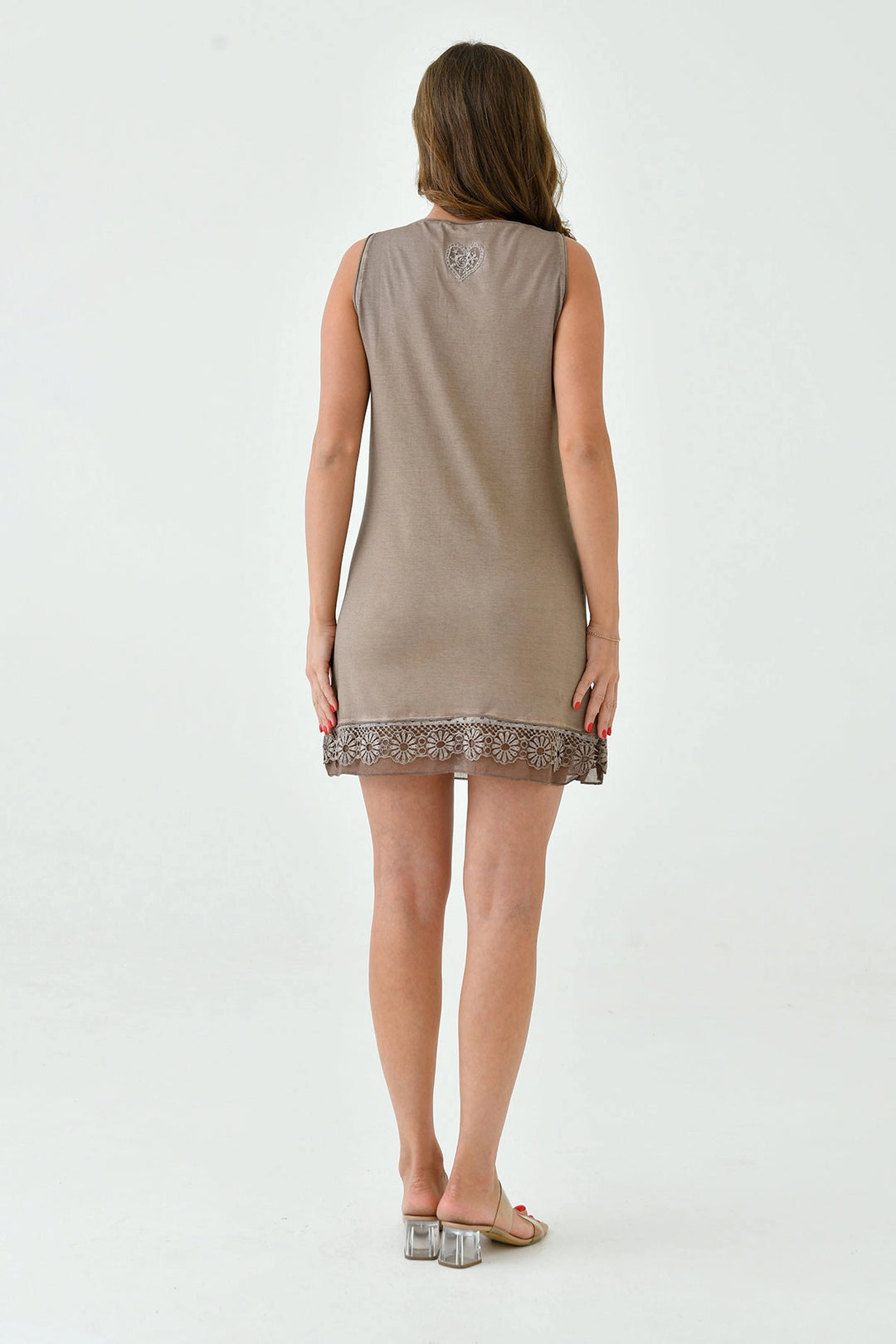 Beige Sleeveless Viscose Dress with Guipure Detail and Color Gradient for Summer BC25PKN13 - Olhão