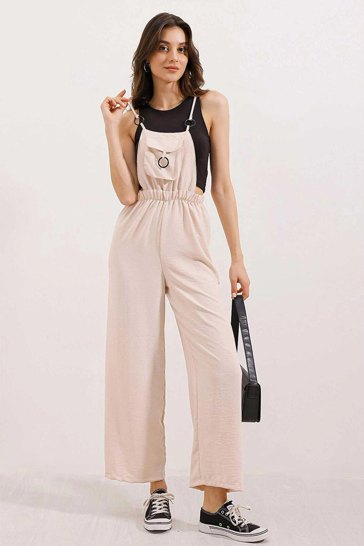 Beige Linen Blend Gardener Jumpsuit with Pocket and Ring Detail BCIR-251004 - Capannori