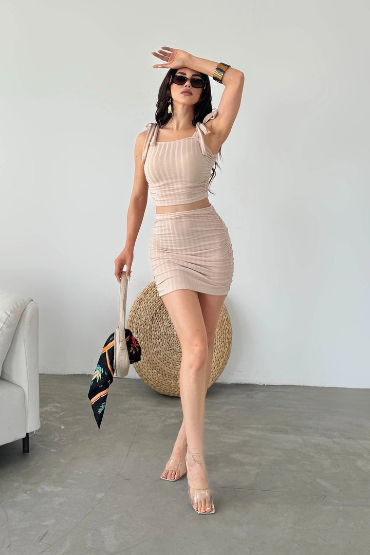 Beige Lace-Up Detailed Crop Top and Skirt Set BCDF-251085 - Filderstadt