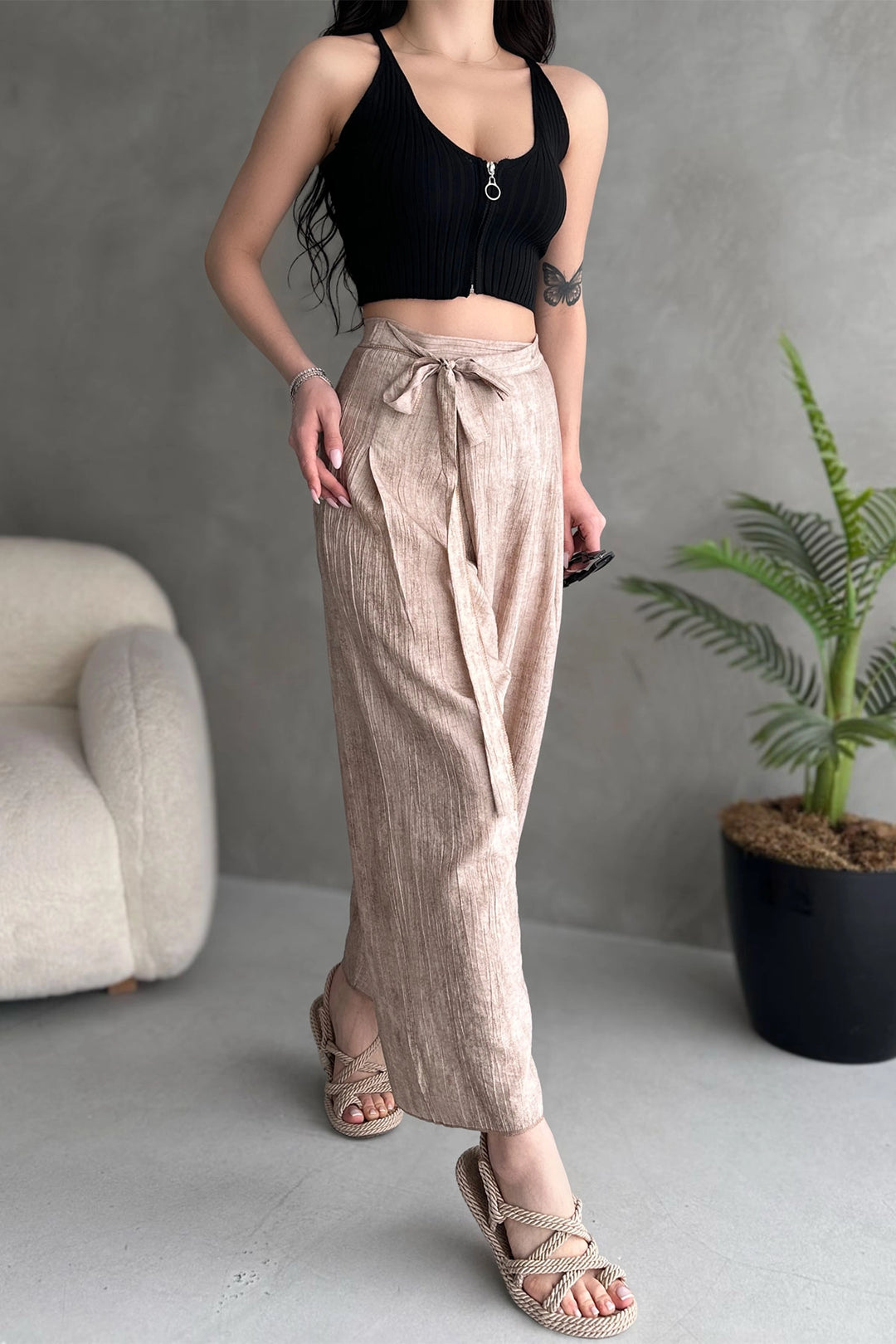 Beige Belted Envelope Cut Loose Linen Weave Trousers BCDF-251108 - Puerto Peñasco