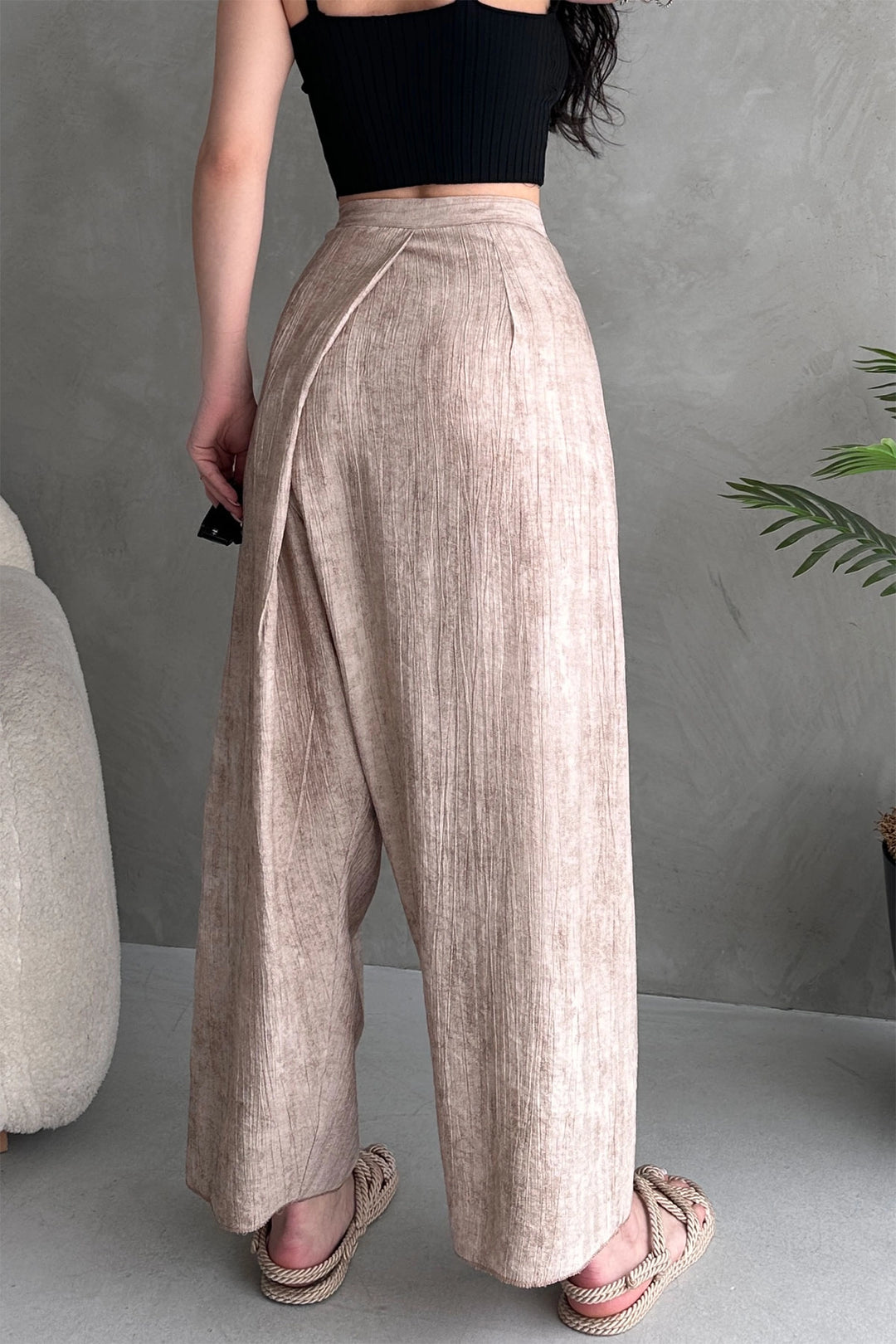 Beige Belted Envelope Cut Loose Linen Weave Trousers BCDF-251108 - Puerto Peñasco