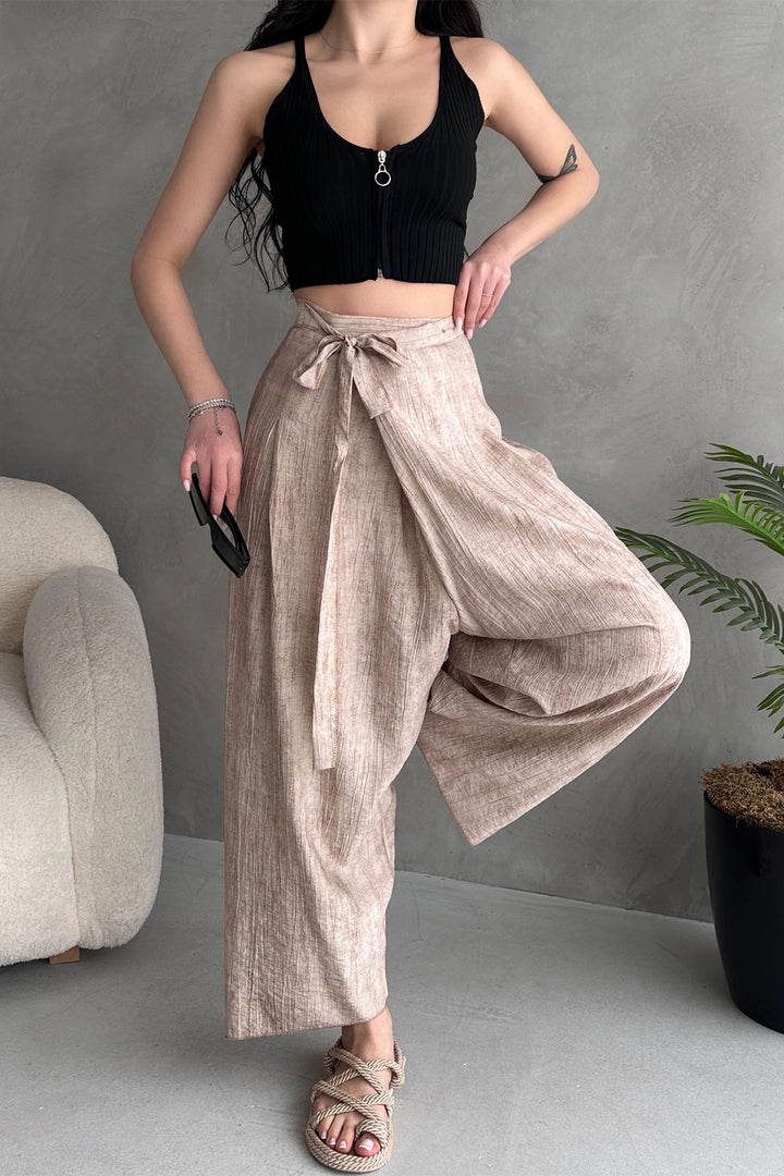 Beige Belted Envelope Cut Loose Linen Weave Trousers BCDF-251108 - Puerto Peñasco