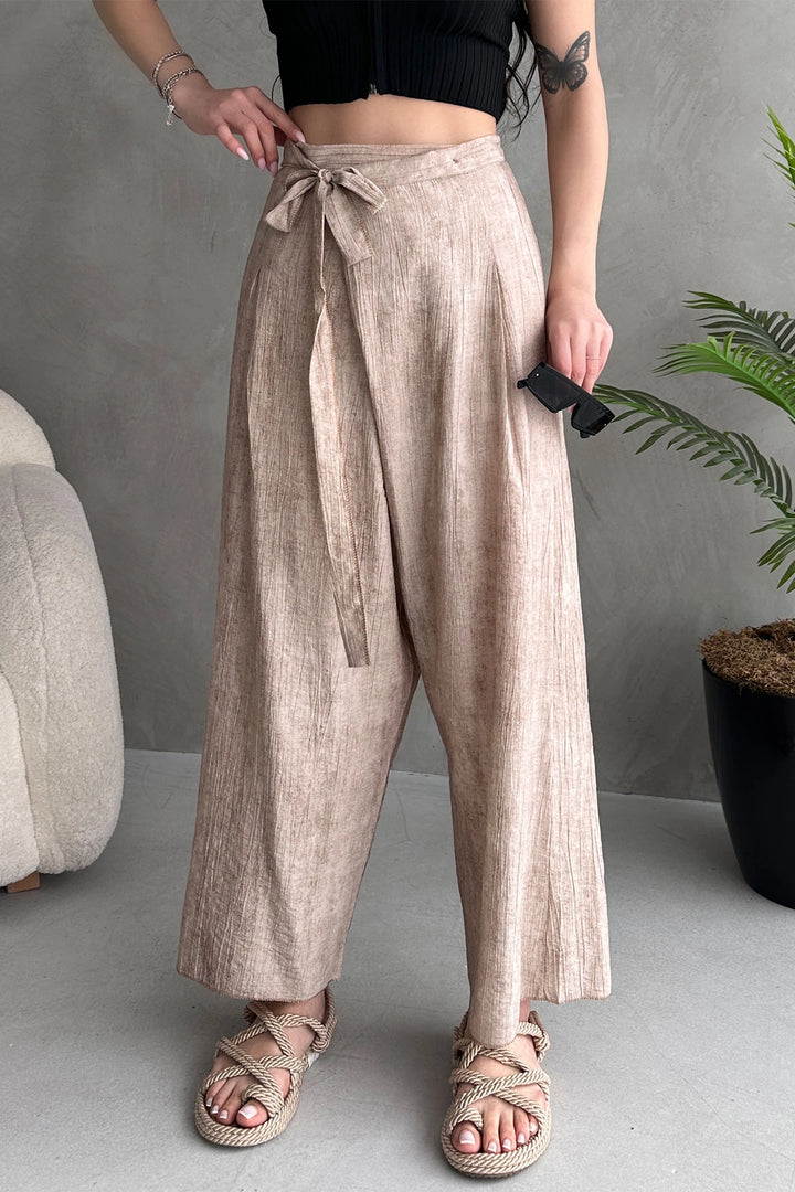 Beige Belted Envelope Cut Loose Linen Weave Trousers BCDF-251108 - Puerto Peñasco