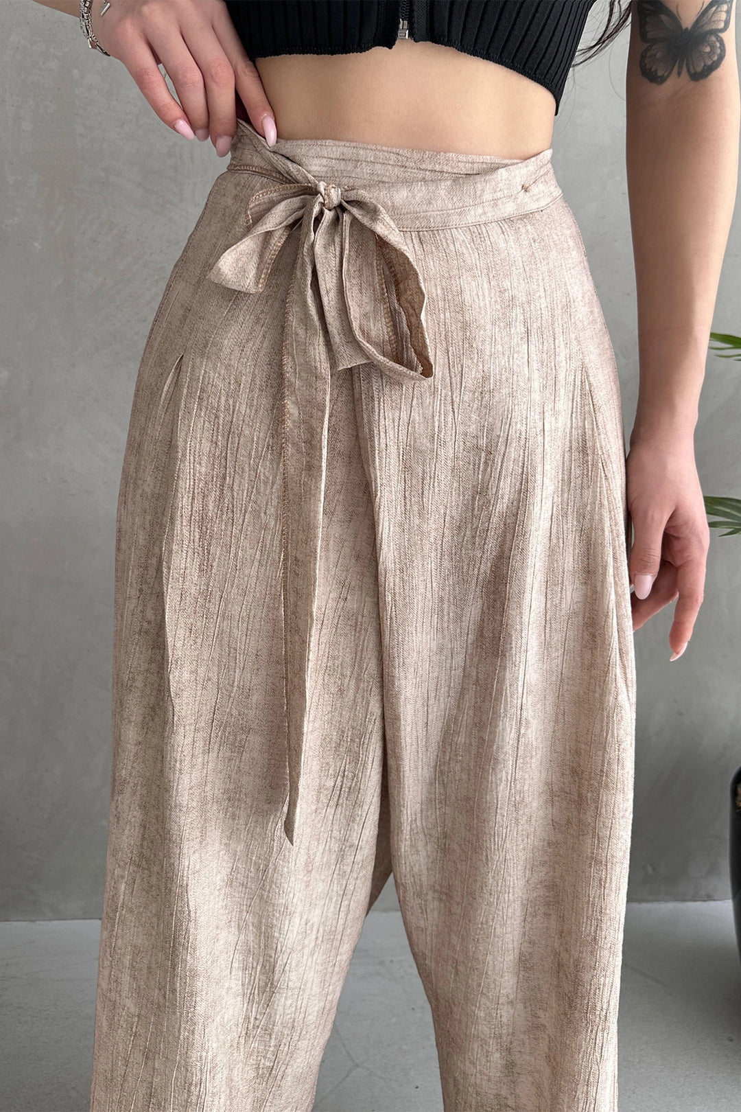 Beige Belted Envelope Cut Loose Linen Weave Trousers BCDF-251108 - Puerto Peñasco