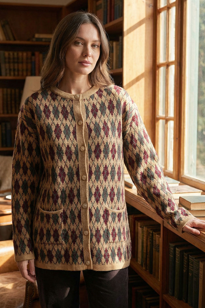 Beige Buttoned Pocketed Cardigan with Baklava Pattern BCHPK-251254 - Methuen Town