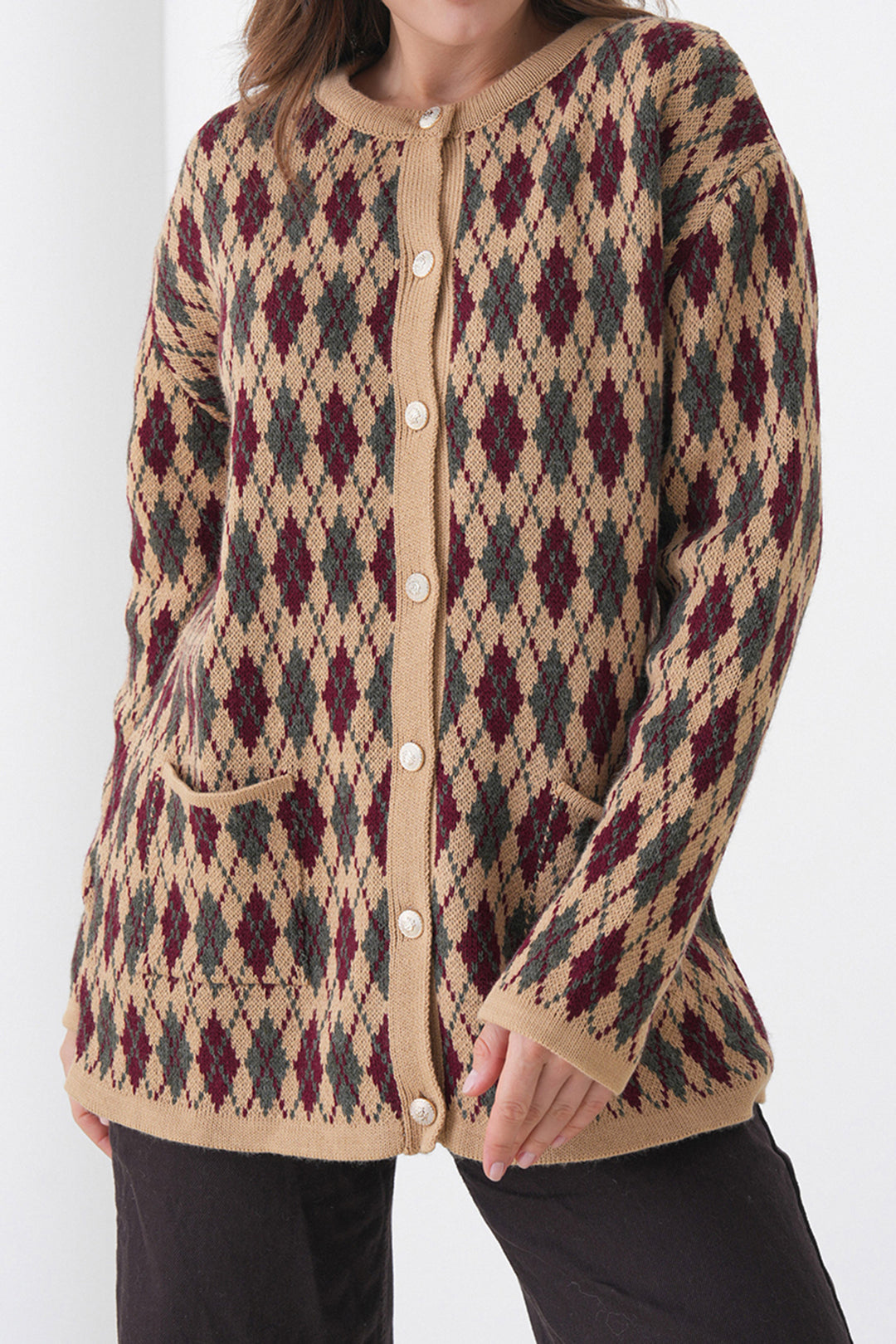 Beige Cardigan with Baklava Patterned Buttoned Pockets BCHPK-251254 - Kaunas