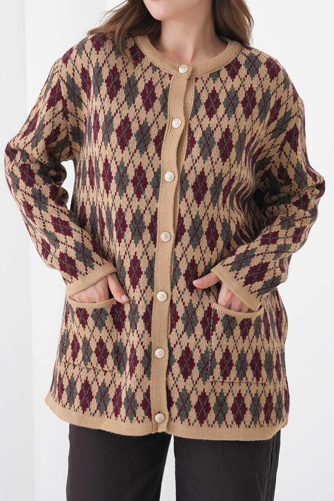Beige Cardigan with Baklava Patterned Buttoned Pockets BCHPK-251254 - Kaunas