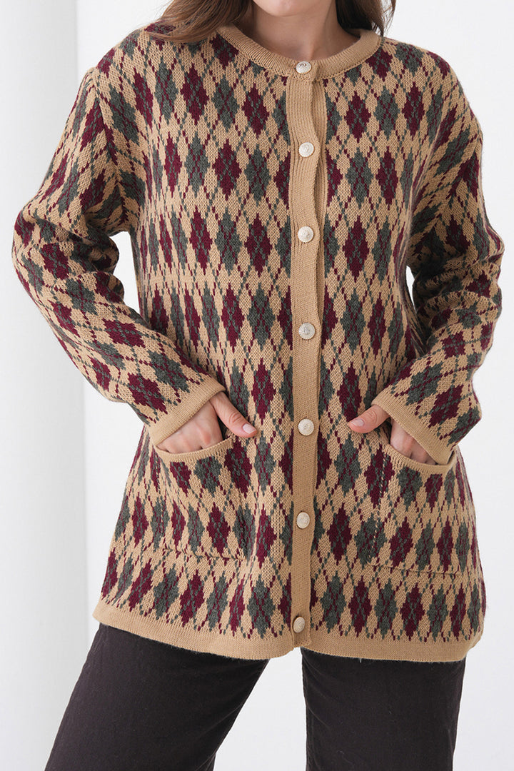 Beige Cardigan with Baklava Patterned Buttoned Pockets BCHPK-251254 - Kaunas