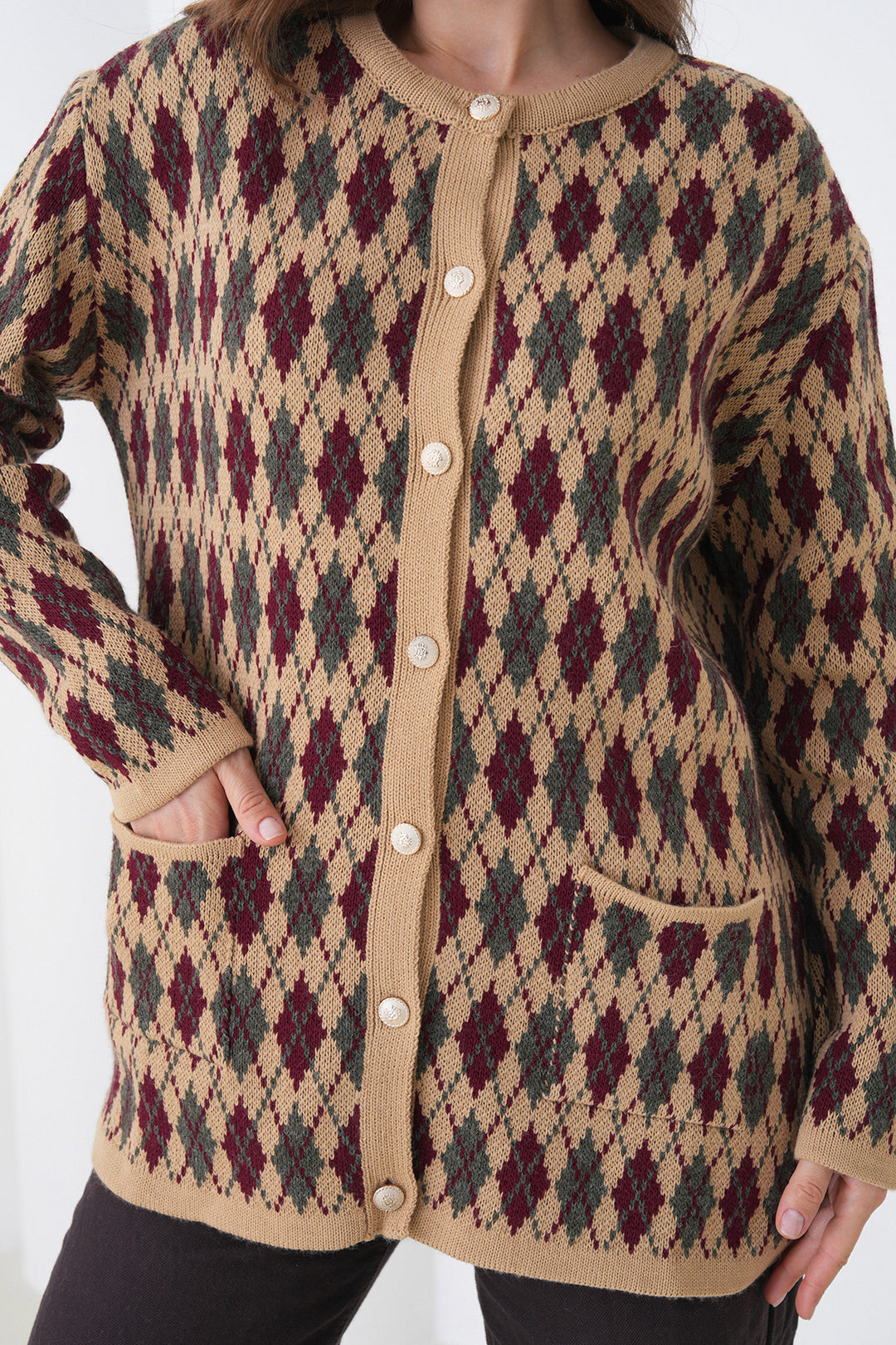 Beige Cardigan with Baklava Patterned Buttoned Pockets BCHPK-251254 - Kaunas