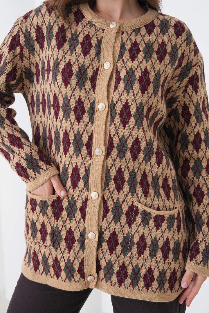Beige Cardigan with Baklava Patterned Buttoned Pockets BCHPK-251254 - Kaunas
