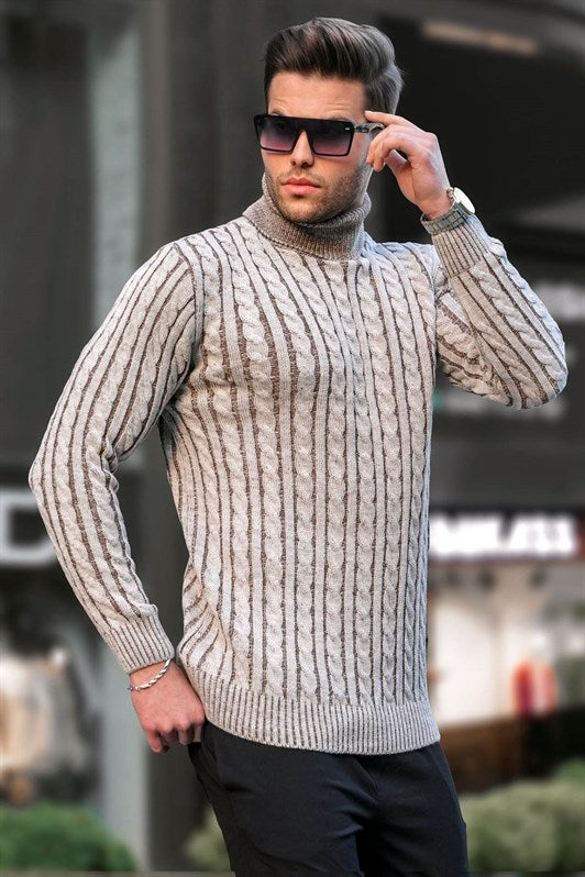 MDX Beige Fisherman Collar Sweater with Knit Details 6317 - Querétaro