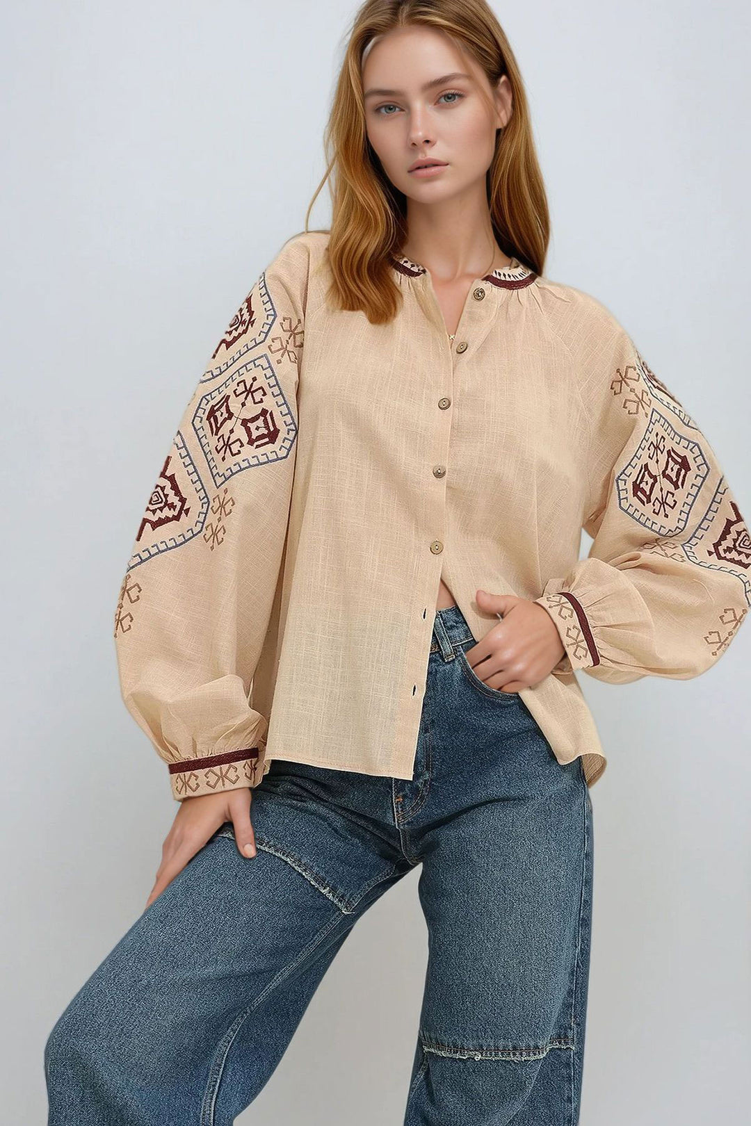 Beige Balloon Sleeve Embroidered Collarless Shirt BCHESQ-251029 - Lincoln