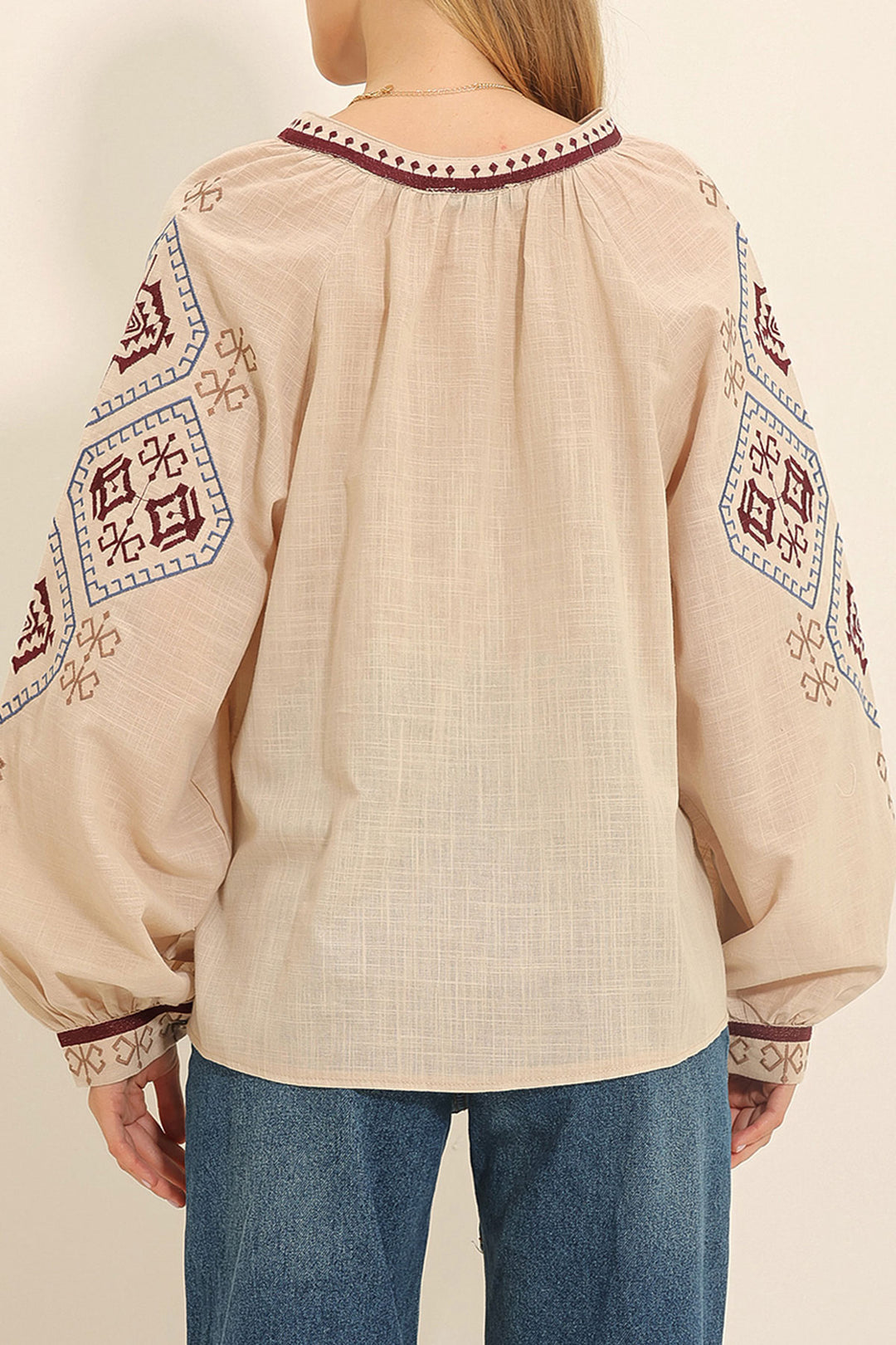 Beige Balloon Sleeve Embroidered Collarless Shirt BCHESQ-251029 - Lincoln