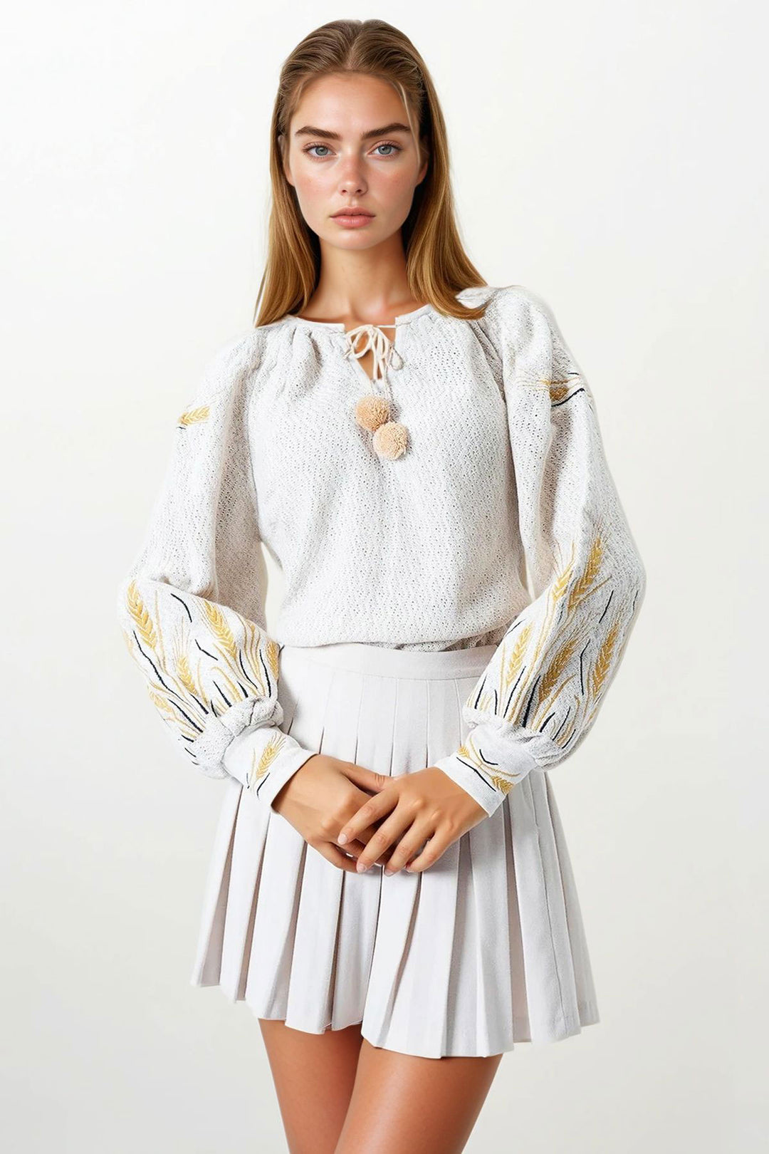Beige Virgo Embroidered Lace-Up Tassel Detail Bohemian Blouse BCHESQ-251159 - Oldham